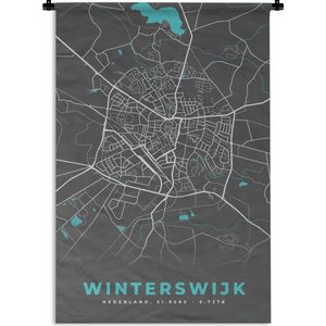 Wandkleed - Wanddoek - Plattegrond - Winterswijk - Grijs - Blauw - 60x90 cm - Wandtapijt - Stadskaart