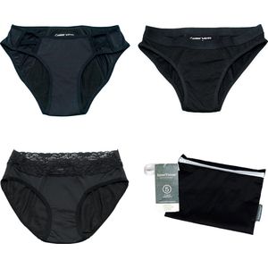 Cheeky Pants Set van 3 + Wetbag - Menstruatie Ondergoed - Maat 32-34 - Zwarte Set - Absorberend - Modieus - Zero Waste Solution