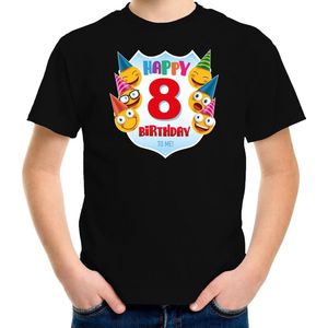 Happy birthday 8e verjaardag t-shirt kind - unisex - jongens / meisjes - 8 jaar shirt met emoticons zwart voor kinderen 134/140