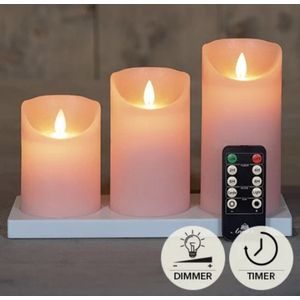 Oplaadbare LED stompkaars - LED kaarsen met bewegende vlam - Roze - Pink - Oplaadstation en Afstandbediening - Timer - Dimmer