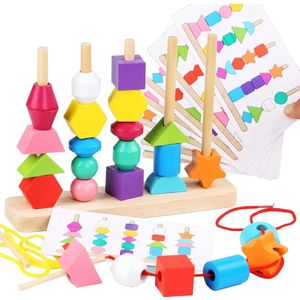 Montessori speelgoed stapelspel houten speelgoed 2-in-1 hout sorteerspeelgoed, rijgspel, stapelen en sorteren bouwstenen, fijne motoriek speelgoed voor kinderen vanaf 2 3 4 5 jaar