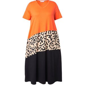 MIAMODA - Dames - Jurk A-lijn colorblocking met dierenprint - Mandarijn - Maat 42