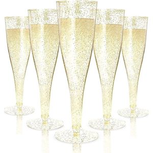 Plastic Champagnefluiten 150 ml Gouden Glitter - Set van 54 Stuks - Herbruikbare Champagneglazen voor Feesten - Tuin, Bruiloft, Verjaardag - 5 x 17 cm