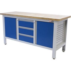 George Tools werkbank 169 cm - Werktafel met 3 laden, 2 opbergkasten en multiplex werkblad - Blauw