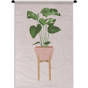 Wandkleed PlantenKerst illustraties - Illustratie van een Monstera plant op een lichtroze achtergrond Wandkleed katoen 60x90 cm - Wandtapijt met foto