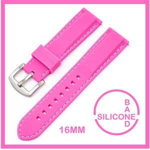 16mm Rubber Siliconen horlogeband Roze met Witte stiksels passend op o.a Casio Seiko Citizen en alle andere merken - 16 mm Bandje - Horlogebandje horlogeband