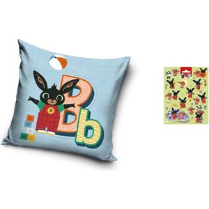 Bing het Konijn - Bing Bunny - Kussen - Sierkussen - Gevuld - 40x40cm - ritssluiting – Stickervel