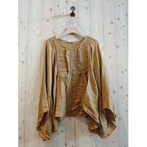 Linnen boho top met vlinder mouwen - broderie voor kant - oversized - korte blouse - CAMEL
