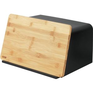 Broodtrommel met bamboeplank - Vershouddoos voor brood - 35 x 20.5 x 26 cm zwart/naturel bread box