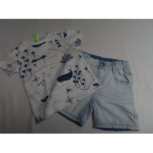 Ensemble - Jongens - T shirt off white met blauw en een jeans shortje - 1 jaar 80