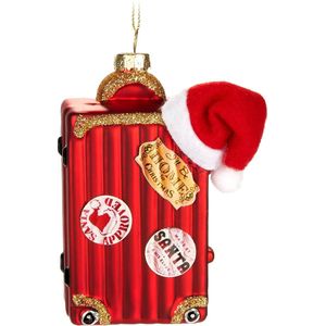 BRUBAKER Koffer van de kerstman, met de hand beschilderde glazen kerstbal, 12 cm, kerstkoffer, rood met kerstmuts, mondgeblazen kerstboomversiering