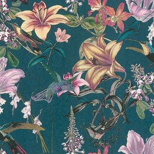 Bloemen behang Profhome 377012-GU vliesbehang glad met bloemen patroon mat blauw petrol oranjegeel roze 5,33 m2
