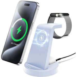 Vouwbare Draadloze Opladers, 3-in-1 Magnetische Standdock, Geschikt voor iPhone 16 15 14 13 12 11/Pro/Max/Mini/Plus X XR XS SE, Geschikt voor iWatch 9 8 7 6 5 4 3 2 SE, Voor Airpods 3 2/ Pro Meerdere Apparaten, Inductieve & Handige Opladestation