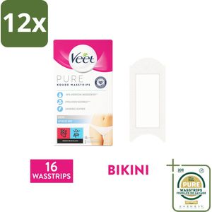 Veet Ontharingsstrips Bikinilijn Pure Gevoelige Huid 16 stuks per verpakking - Voordeelverpakking - 12 stuks - Gevoelige huid - Ontharingsstrips bikinilijn