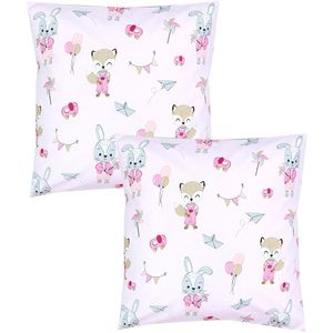 Boraboi ® Kinderkussensloop Set met Schattige Dierenpatronen en Hotelsluiting, 80 x 80 cm, Roze Vos/Konijn