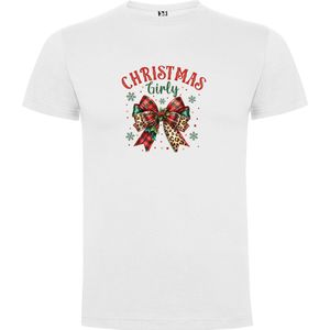 Wit T-Shirt met “Kleurrijke Christmas Girly Strik “ Print Full Color Maat S