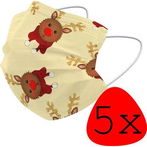 Mondmasker Kerst Wegwerp Mondkapje Kerst Universeel - Mondkap Wegwerp Niet Medisch Rendier - 5 Stuks