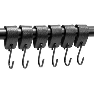 Brute Strength - Leren S-haak hangers - Zwart - 6 stuks - 12,5 x 2,5 cm – Zwart zilver – Leer - handdoekhaakjes - Ophanghaken – kapstokhaak