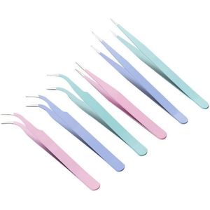 6-delige set pincetten voor wimperverlenging - Gebogen en rechte roestvrijstalen pincetten