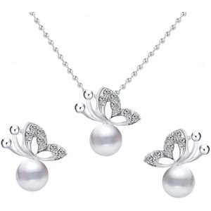 N3 Collecties 925 sterling zilveren parel vlinder strass hanger ketting oorbellen voor dames
