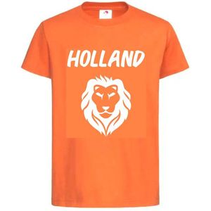 T-shirt Unisex Volwassenen "Holland + Leeuw" Op Voorkant EK WK Voetbal Europees Wereld Kampioen Kampioenschap Oranje Koning Koningsdag | korte mouw | Oranje/wit | maat M