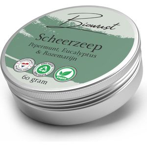 Biowust Scheerzeep Pepermunt, Eucalyptus & Rozemarijn – voor Mannen & Vrouwen - Handgemaakt in Nederland – 100% Vegan – Palmolievrij – Plasticvrij – 60g