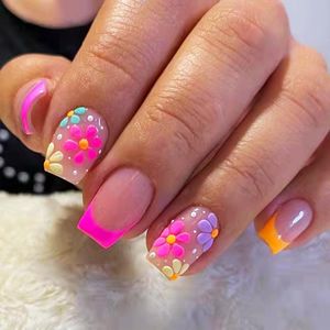 24 stuks 5D reliëf kleurrijke bloemenstickers - nagels korte vierkante nep nagels met margriet ontwerp - roze oranje Franse manicure accessoires