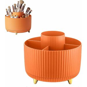1 stuk 360° draaibare cosmetische opbergdoos - gelaagd ontwerp met meerdere compartimenten - houder voor make-upborstels - penhouder voor op het bureau - 14 x 14 x 13,5 cm - geschikt voor op de kaptafel in de slaapkamer of op kantoor - oranje