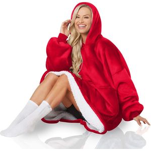 Hoodie Deken Rood Premium - Deken Met Mouwen Voor Volwassenen - Deken Met Mouwen - Hoodie Blanket - Fleece Deken Met Mouwen