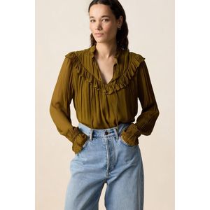 Sissy-Boy - Donkergroene Blouse - Ruffle - Lange Pofmouwen - Ronde Hals