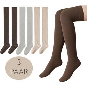 Overknee kousen dames - set van 3 paar - maat M/L - 100% elastisch katoen - donkerbruin - grijs - crème - wintersokken - schoenmaat 36/40 - lange sokken - over de knie