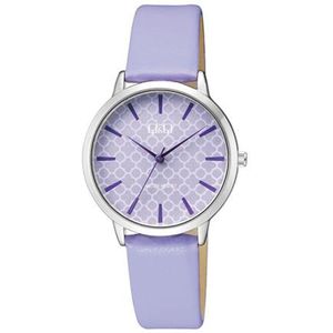 Q&Q Q26B-004PY - Horloge - Vrouwen - Dames - Leren band - Rond - Metaal - Streepjes - Paars - Zilverkleurig