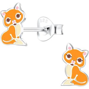 Joy|S - Zilveren kat poes oorbellen - 5 x 8 mm - oranje creme met roze oortjes - kinderoorbellen