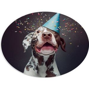 PVC Schuimplaat Ovaal - Jarige Bruin met Witte Puppy met Feesthoed en Confetti - 40x30 cm Foto op Ovaal (Met Ophangsysteem)