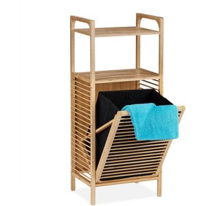 Relaxdays wasmand rek - bamboe badkamerrek - stoffen wasbox met planken - uitklapbare mand
