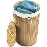 Relaxdays wasmand bamboe - 70 l - opvouwbaar - met deksel en katoenen waszak - Ø 41 cm - natuur