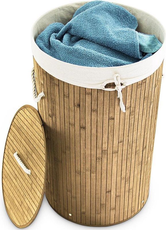 Relaxdays wasmand bamboe - 70 l - opvouwbaar - met deksel en katoenen waszak - Ø 41 cm - natuur