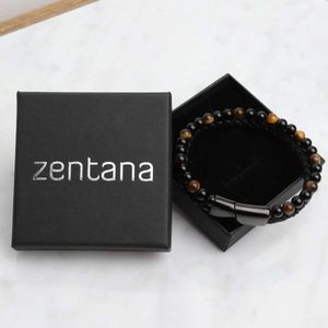 Zentana Armband Dubbel - Gevlochten Leer - Tijgeroog & Onyx - RVS Sluiting - 175mm