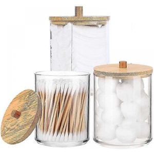 Peysaitr - Wattenstaafjes houder - opbergdoos - Deksel van bamboe - Wattenstaafjes houder met deksel - transparante wattenschijfdispenser - Houder voor watten, wattenstaafjes of sieraden - 3 stuks