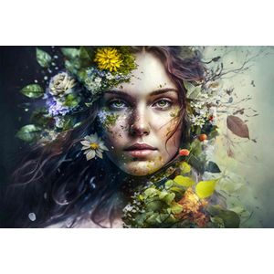 Foto Glas Art - Vrouw met gekleurde bloemen en bladeren om haar heen , 80x120, prachtig voor in de woon en of slaapkamer, inclusief ophang materiaal