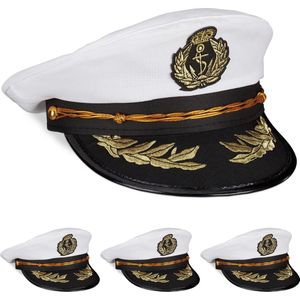 Relaxdays 4x kapiteinspet volwassenen - kapiteins hoed - matrozenhoed wit - carnaval hoed