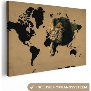 Canvas Wereldkaart - 60x40 - Wanddecoratie Wereldkaart - Bruin - Leeuw