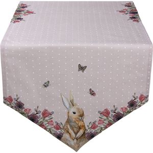 Clayre & Eef Tafelloper 50x160 cm Beige Roze Katoen Konijn Bloemen Tafelkleed