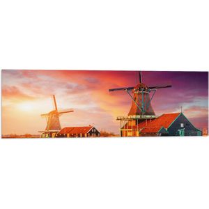 Vlag - Nederlandse Windmolens aan het Water onder Paars met Oranje Lucht - 90x30 cm Foto op Polyester Vlag