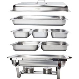 Alora Chafing Dish Chrome 6 bakken - Voedsel Verwamer - Voedsel Warmhouden - met Deksel - Buffetwarmer - Roestvrij Staal - Warmhoudplaat - Bain Maria - Warmhoudbakken - Warmhoudschalen