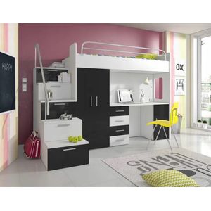 Raj 4S jeugdset - wit/zwart glanzend - bureau - kledingkast - Stapelbed - bed 80 x 200 cm - Maxi Maja