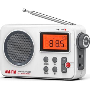 Kleine draagbare FM/AM (MW) radio, transistorradio, uitstekende ontvangst, uitstekende geluidskwaliteit, met timeraansluiting/groot display/wekker/handmatig geheugen/hoofdtelefoonaansluiting