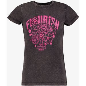 TwoDay acid wash meisjes T-shirt met opdruk - Zwart - Maat 146/152