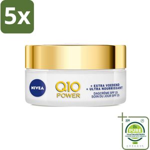 5 x NIVEA - Q10 Power Dagcrème Extra Voedend - Anti-Rimpel Crème - SPF 15 - Biologische Arganolie - Droge huid - 50 ml - Grootverpakking - Nivea Q10 - Dagcrème - Anti-rimpelcrème - Droge Huid - Voedende Dagcrème