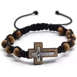 UrbanGoods - Houten Kralen Kruis - Verstelbare Armband -  Armband - Houten Armband met Kruis - Bruin - Rozenkrans - Jezus Christus